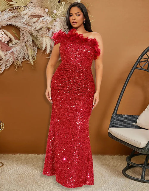 Load image into Gallery viewer, Dazzling Sequined Backless Maxi Dress with Feather &amp; Bead Detailing – Perfect for Birthday Party
