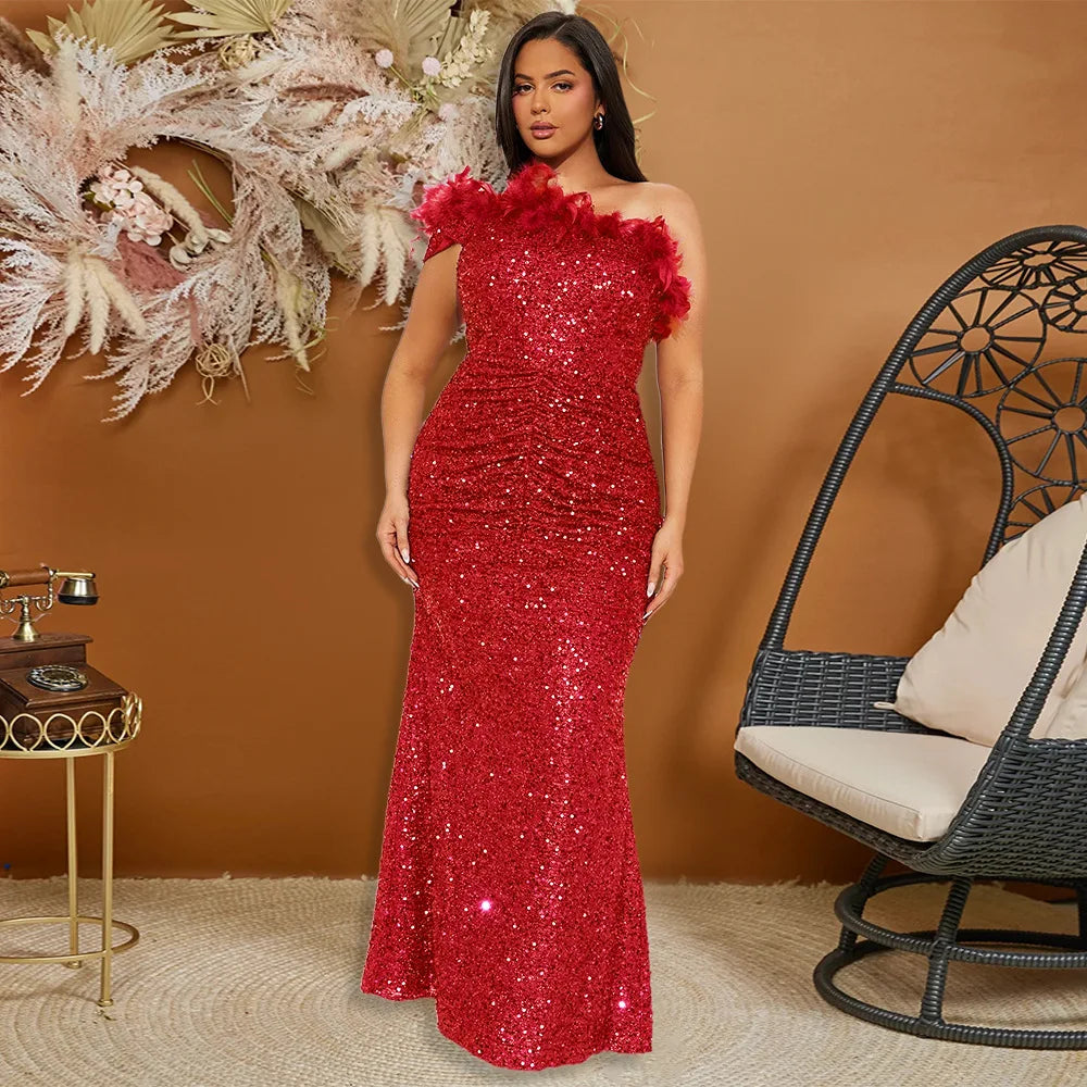 Dazzling Sequined Backless Maxi Dress with Feather & Bead Detailing – Perfect for Birthday Party