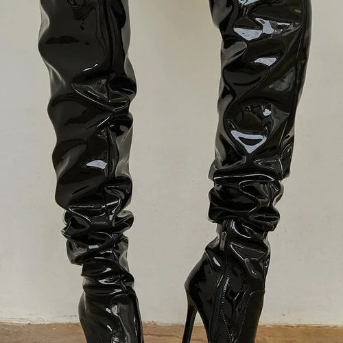 Load image into Gallery viewer, Command Attention: High-Heeled Patent Leather Thigh-High Boots
