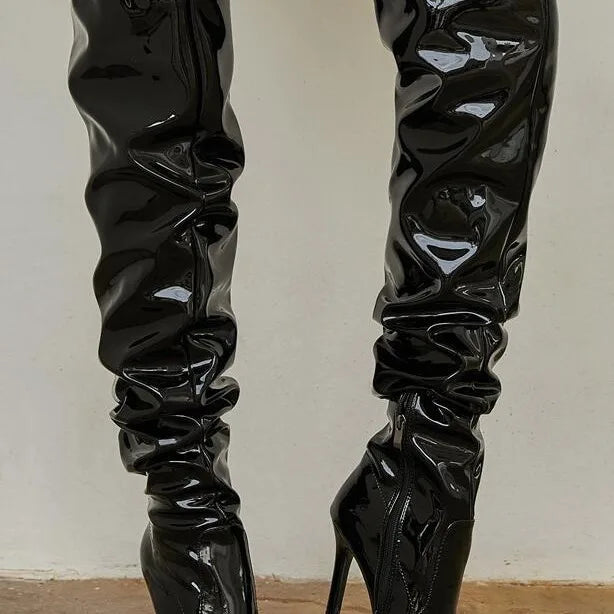 Command Attention: High-Heeled Patent Leather Thigh-High Boots