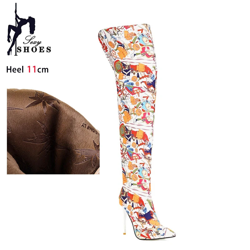 Fierce Elegance: Pointed Toe Stiletto Thigh-High Print Boots