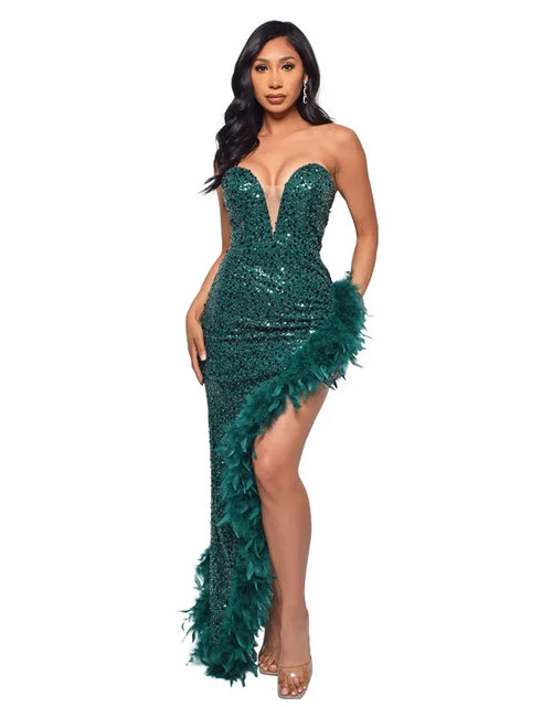 Load image into Gallery viewer, Strapless Sequin Feather Bodycon Dress – Elegant Cocktail &amp; Formal Party Wear for Women
