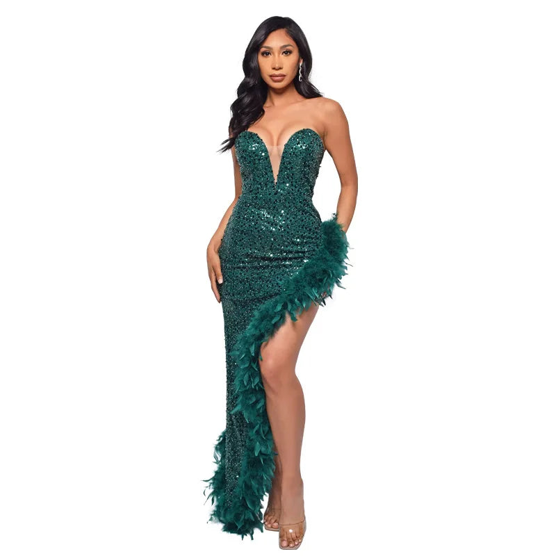 Strapless Sequin Feather Bodycon Dress – Elegant Cocktail & Formal Party Wear for Women