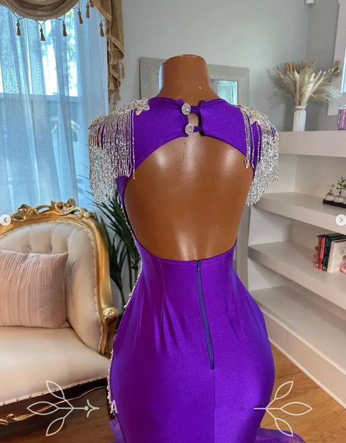 Load image into Gallery viewer, Royal Elegance – Sexy Purple Ruffles Evening Gown with Sparkling Crystal Tassels
