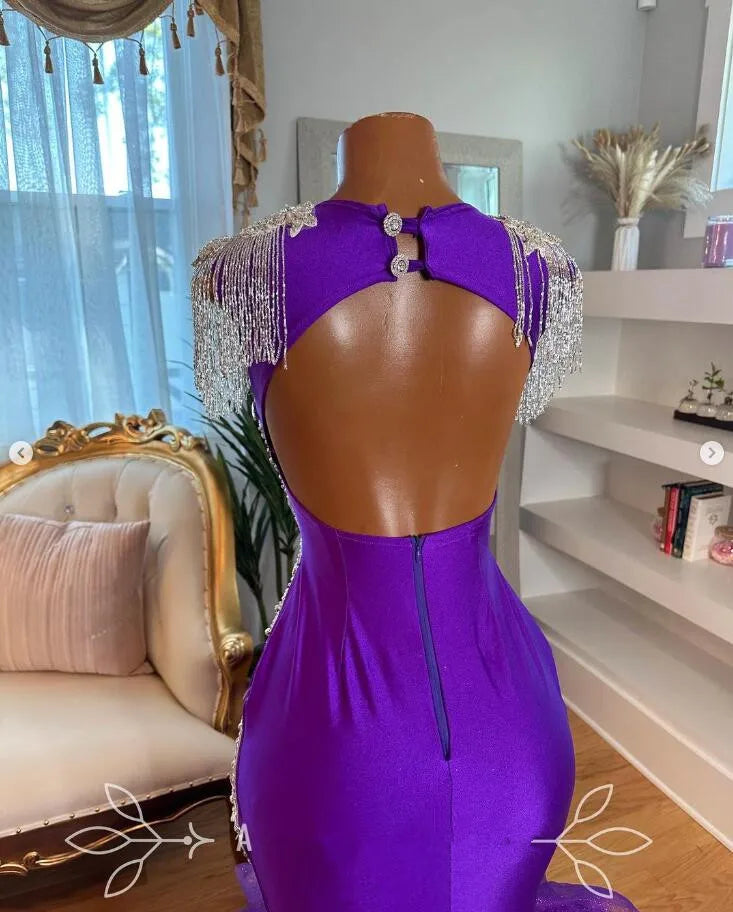 Royal Elegance – Sexy Purple Ruffles Evening Gown with Sparkling Crystal Tassels