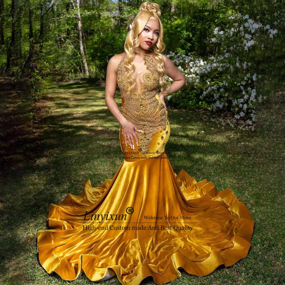 Golden Majesty: Velvet Mermaid Prom Dress with Crystals and Sequins