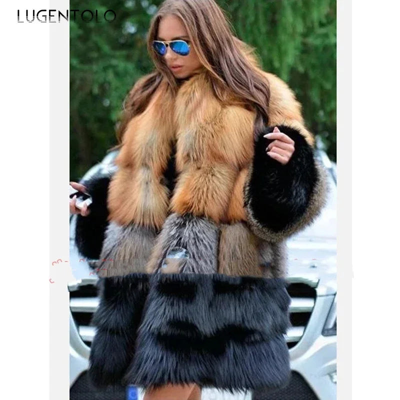 Chic Long Faux Fur Coat – Women's Winter Fashion Thick Warm Jacket with Yellow & Black Contrast Stitching Cloth