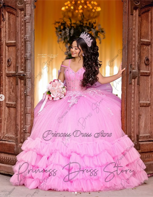 Load image into Gallery viewer, Mexican Elegance: Lace Applique Quinceañera Ball Gown with Beaded Sleeves and Corset
