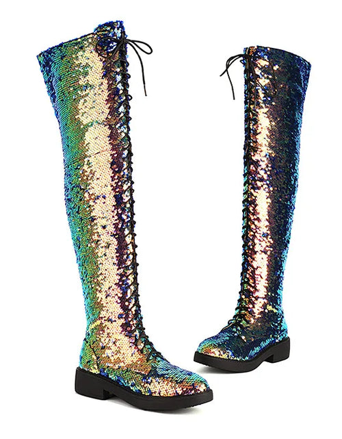 Load image into Gallery viewer, Dazzling Heights: Shiny Sequined Over-the-Knee Boots with Thick Heels
