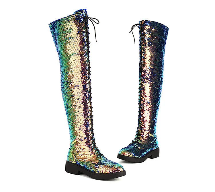 Dazzling Heights: Shiny Sequined Over-the-Knee Boots with Thick Heels