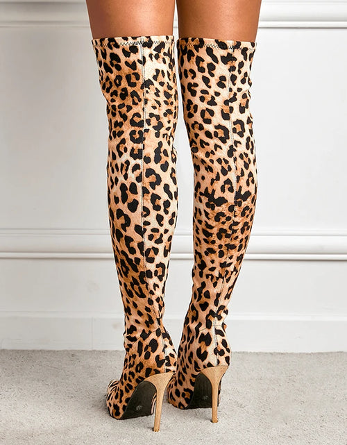 Load image into Gallery viewer, Chic &amp; Bold: Women&#39;s Leopard Print Long Boots with Slim Heels - Sexy, Stylish &amp; Plus-Size Friendly!
