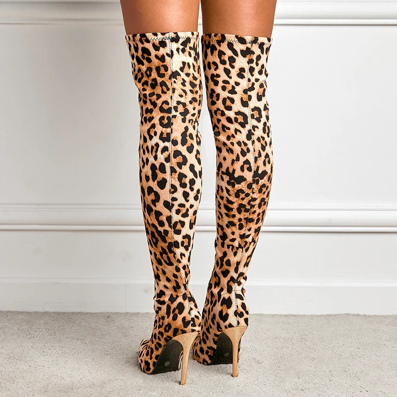 Chic & Bold: Women's Leopard Print Long Boots with Slim Heels - Sexy, Stylish & Plus-Size Friendly!