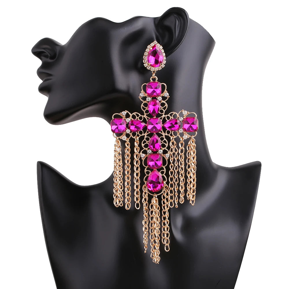 Statement Rhinestone Tassel Drop Earrings – Crystal Dangle Jewelry for Women