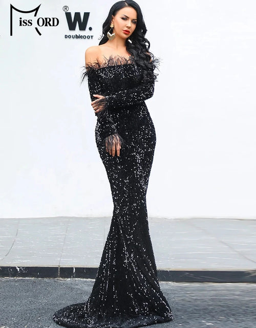 Load image into Gallery viewer, Glamour Redefined: Sequin Off-Shoulder Feather Detail Mermaid Evening Gown
