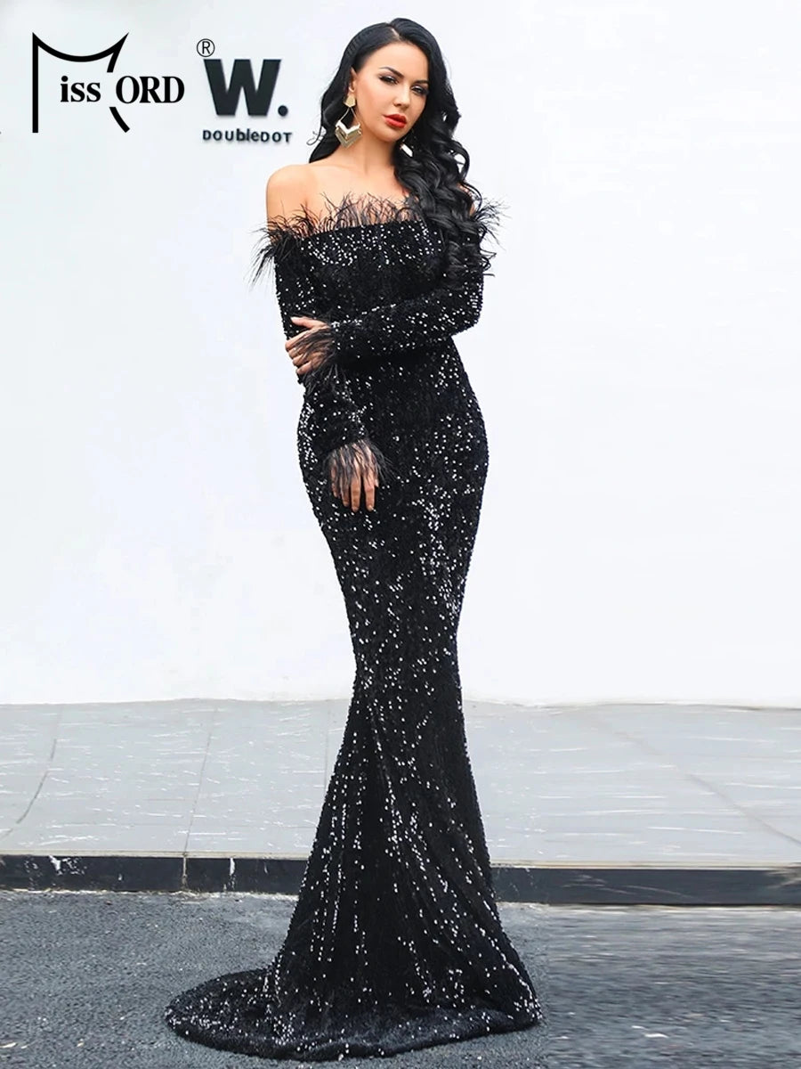 Glamour Redefined: Sequin Off-Shoulder Feather Detail Mermaid Evening Gown