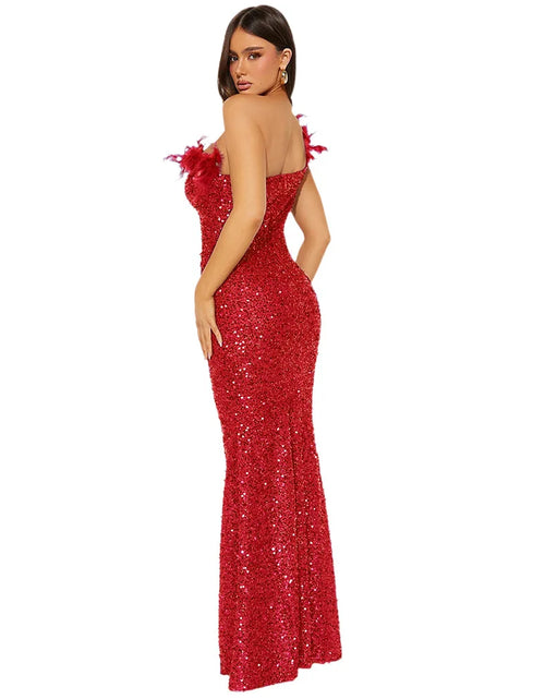 Load image into Gallery viewer, Dazzling Sequined Backless Maxi Dress with Feather &amp; Bead Detailing – Perfect for Birthday Party
