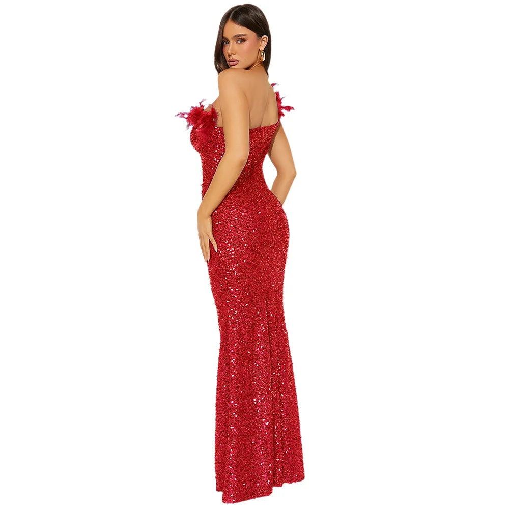 Dazzling Sequined Backless Maxi Dress with Feather & Bead Detailing – Perfect for Birthday Party