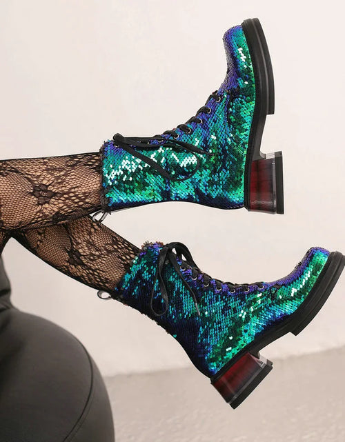 Load image into Gallery viewer, Sparkle &amp; Comfort: Sequined Platform Ankle Boots with Square Heels
