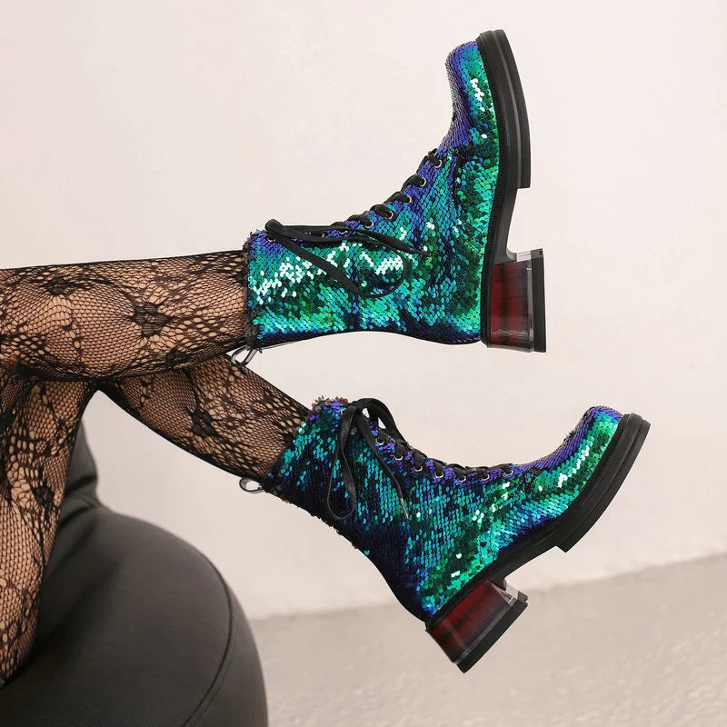 Sparkle & Comfort: Sequined Platform Ankle Boots with Square Heels