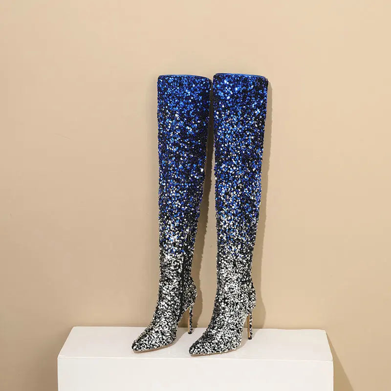 Shimmer & Stride: Gradient Sequin Over-the-Knee Boots with 11CM Heels