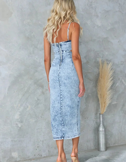 Load image into Gallery viewer, Sexy Retro Hollow-Out Denim Halter Dress – Sleeveless U-Neck Split Design
