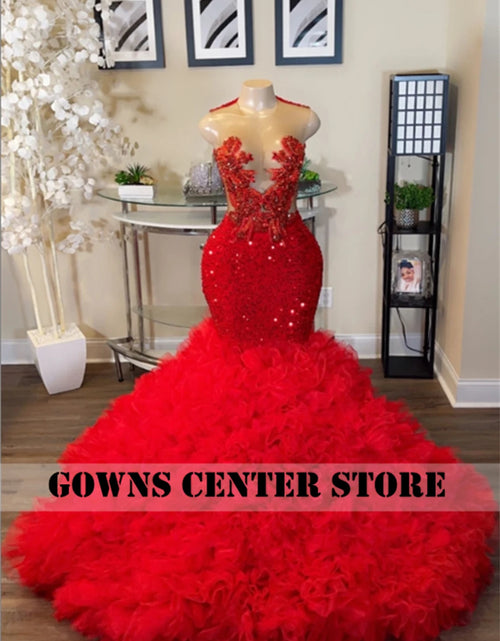 Load image into Gallery viewer, Crimson Luxe: Designer Red Beaded Crystal Tulle Mermaid Gown with Ruched Train
