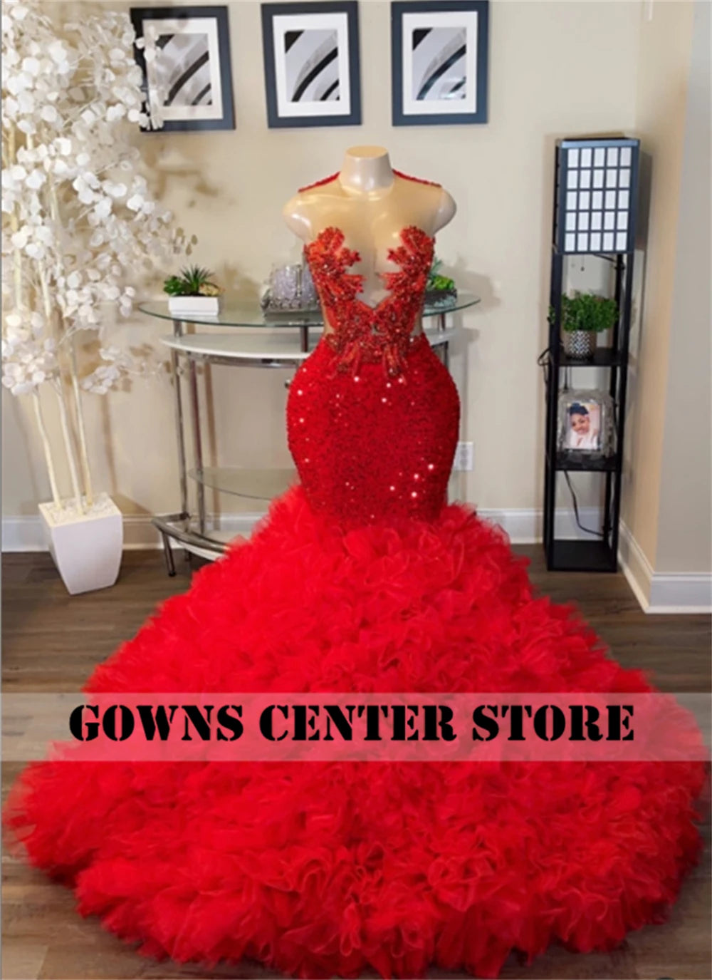 Crimson Luxe: Designer Red Beaded Crystal Tulle Mermaid Gown with Ruched Train