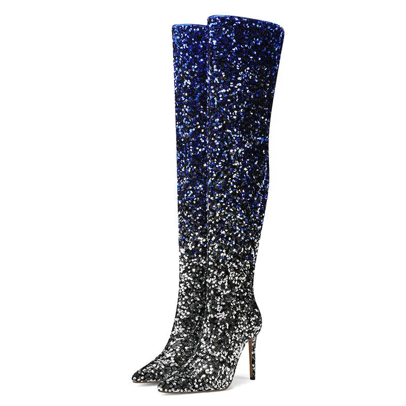 Shimmer & Stride: Gradient Sequin Over-the-Knee Boots with 11CM Heels