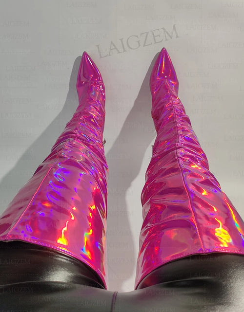 Load image into Gallery viewer, Holographic Glam: LAIGZEM Thigh-High Boots with High Heels
