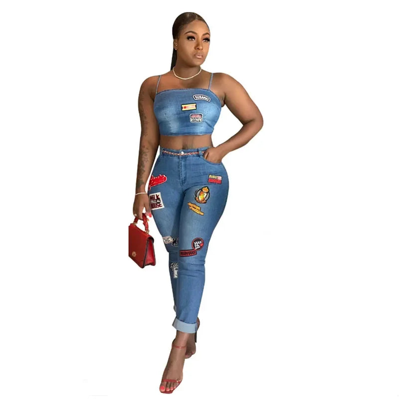 Sexy Denim Two-Piece Set – Women’s Crop Top and Pants Matching Outfit