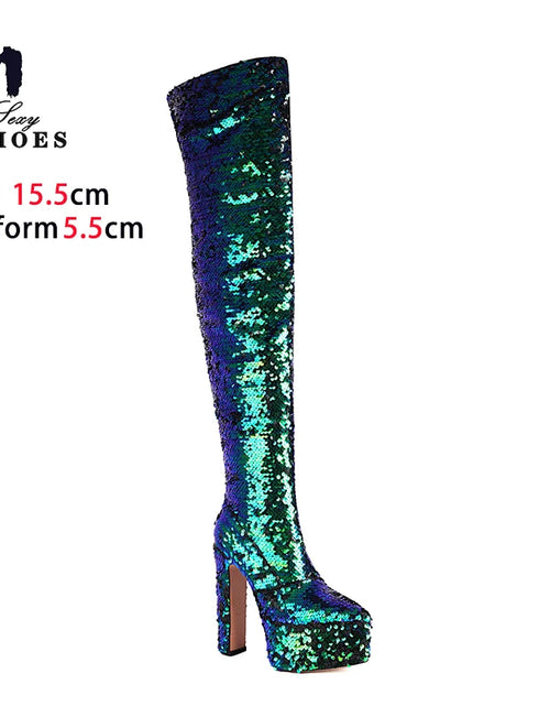 Load image into Gallery viewer, Showstopper: Sequin Over-the-Knee Platform Boots with High Heels
