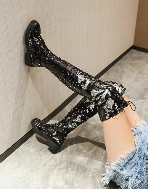 Load image into Gallery viewer, Dazzling Heights: Shiny Sequined Over-the-Knee Boots with Thick Heels
