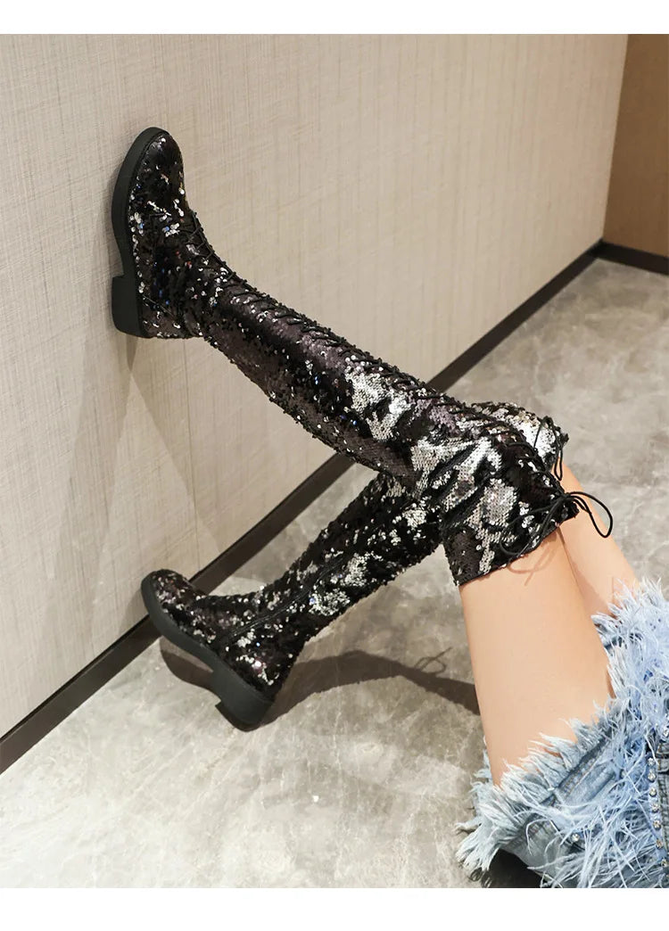 Dazzling Heights: Shiny Sequined Over-the-Knee Boots with Thick Heels