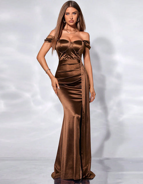 Load image into Gallery viewer, Luxury Off-Shoulder Satin Mermaid Evening Dress with Side Slit &amp; Backless Detail
