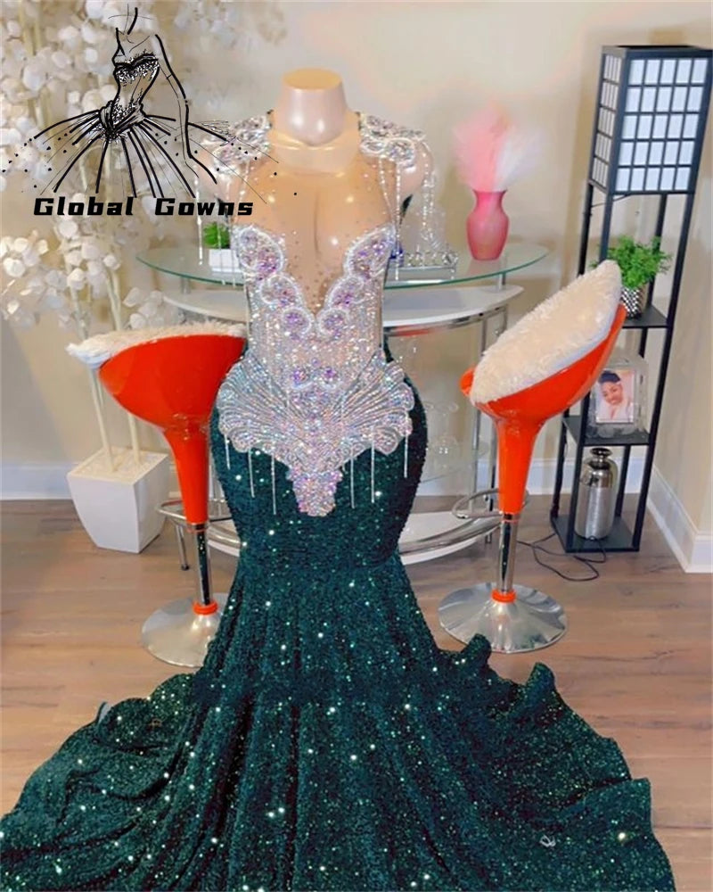 Sheer Crystal Tassel Prom Dress – Custom Sequined Birthday & Evening Gown