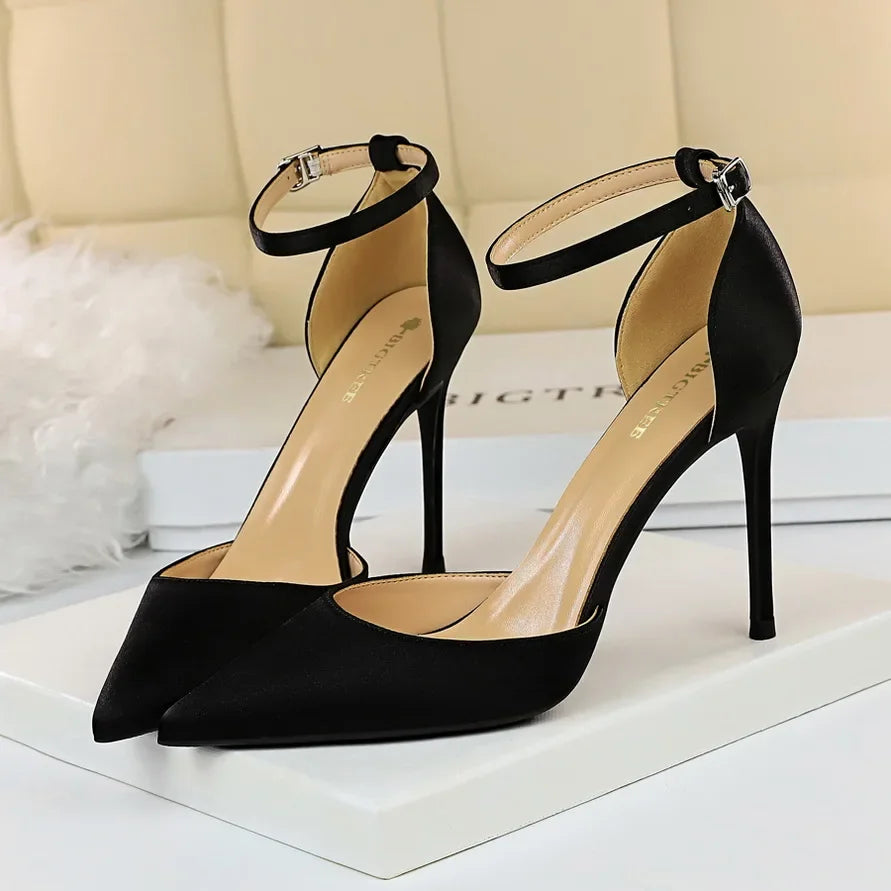 Elegant 10cm High Heel Sandals – Strappy Silk Bridal & Wedding Pumps for Women