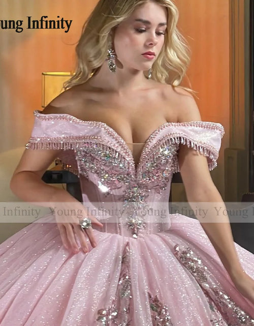 Load image into Gallery viewer, Princess in Bloom: Luxury Pink Off-Shoulder Quinceañera Ball Gown
