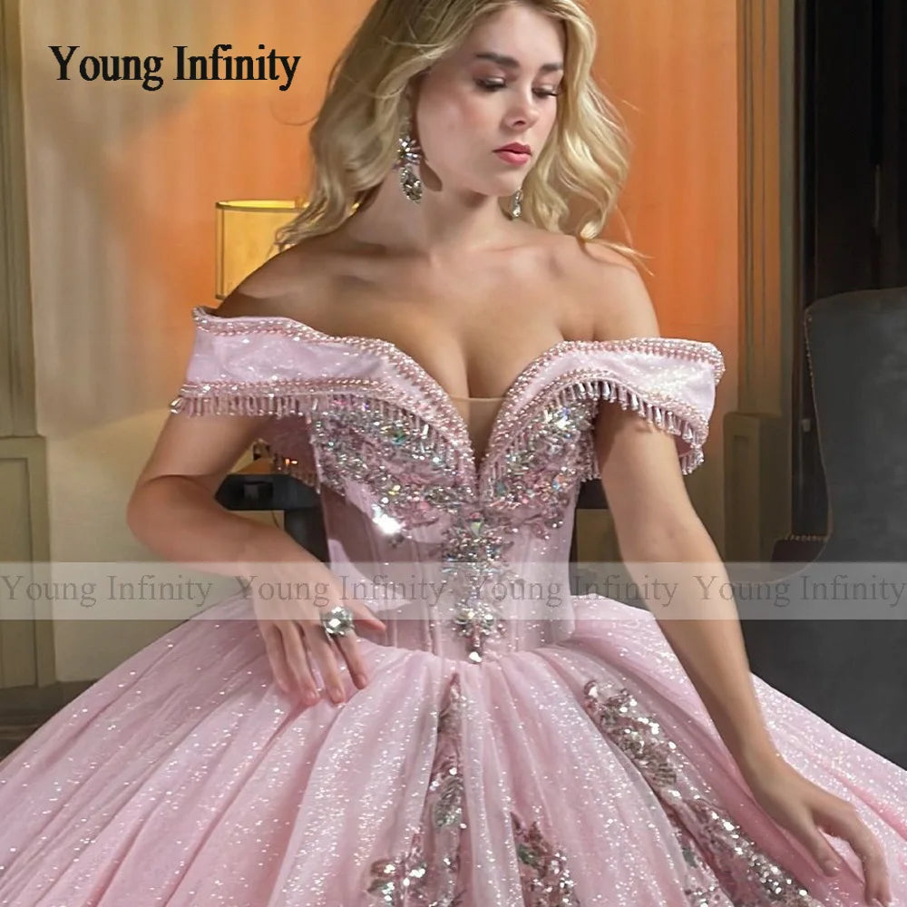 Princess in Bloom: Luxury Pink Off-Shoulder Quinceañera Ball Gown