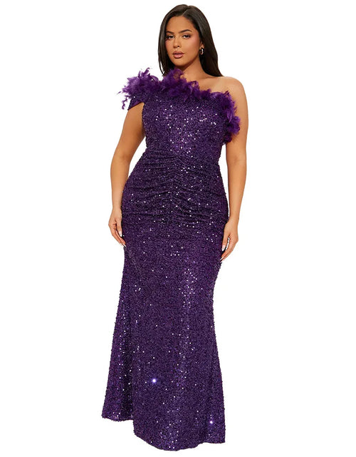 Load image into Gallery viewer, Dazzling Sequined Backless Maxi Dress with Feather &amp; Bead Detailing – Perfect for Birthday Party
