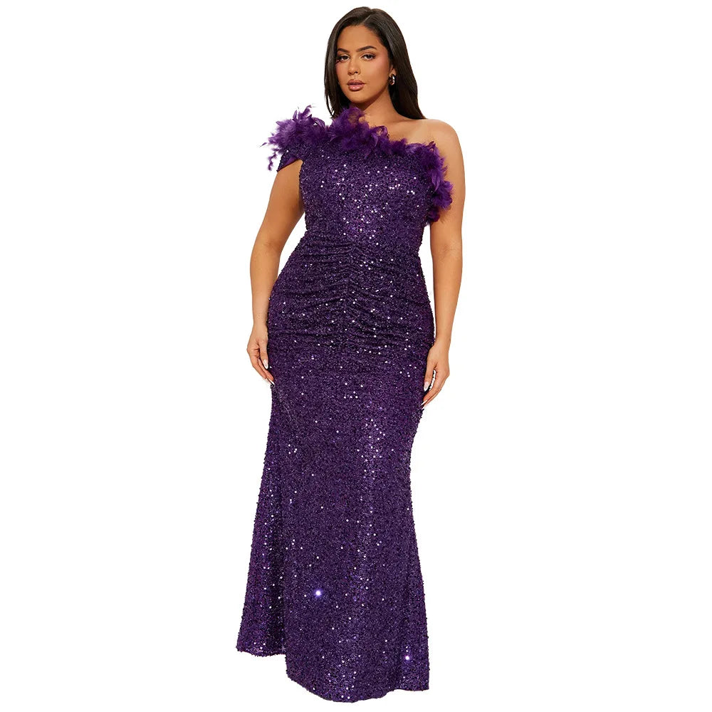 Dazzling Sequined Backless Maxi Dress with Feather & Bead Detailing – Perfect for Birthday Party