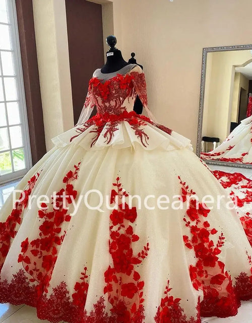 Load image into Gallery viewer, Regal Bloom: Champagne &amp; Red Tiered Quinceañera Ball Gown with 3D Flowers and Train
