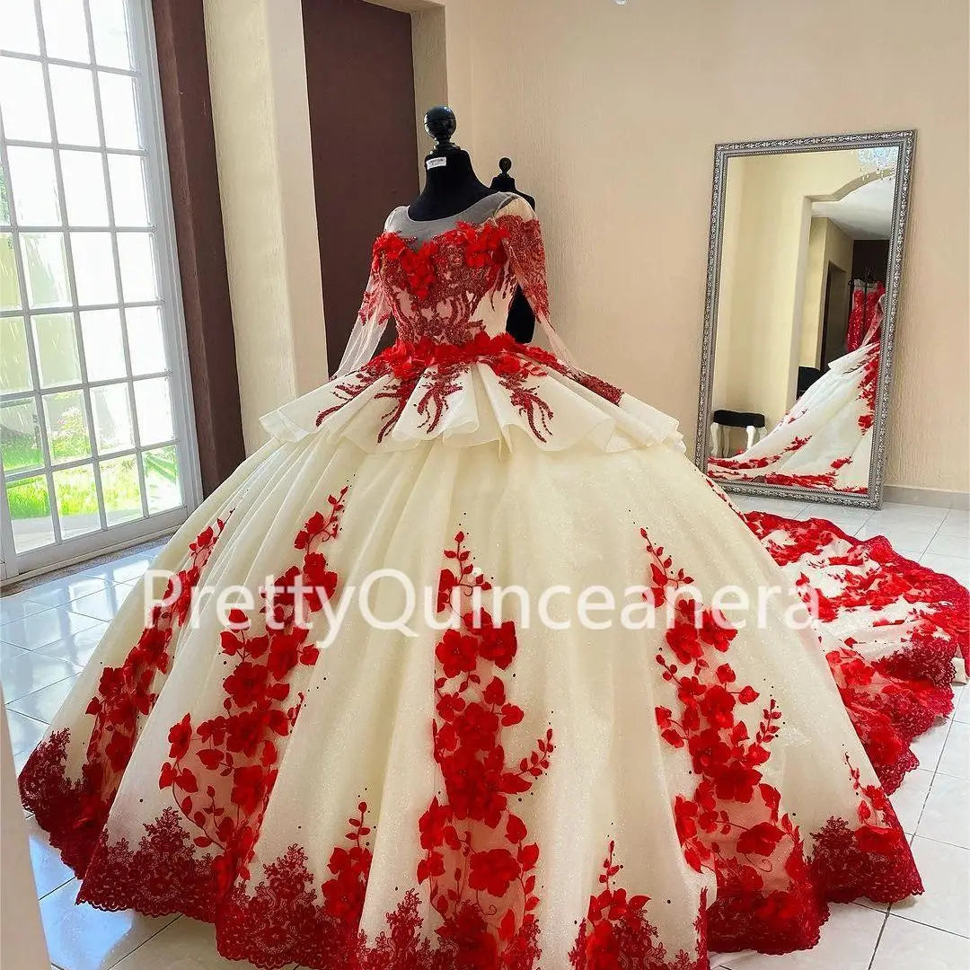 Regal Bloom: Champagne & Red Tiered Quinceañera Ball Gown with 3D Flowers and Train