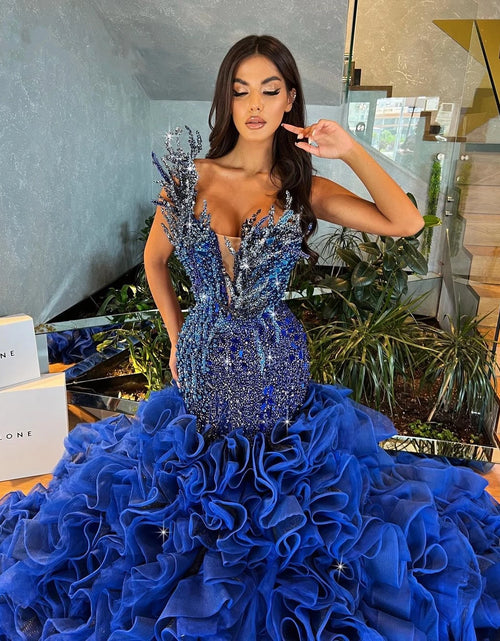 Load image into Gallery viewer, Luxurious Blue Strapless Prom Dress with Pearls, Crystal Beading, and Tiered Ruffle Train
