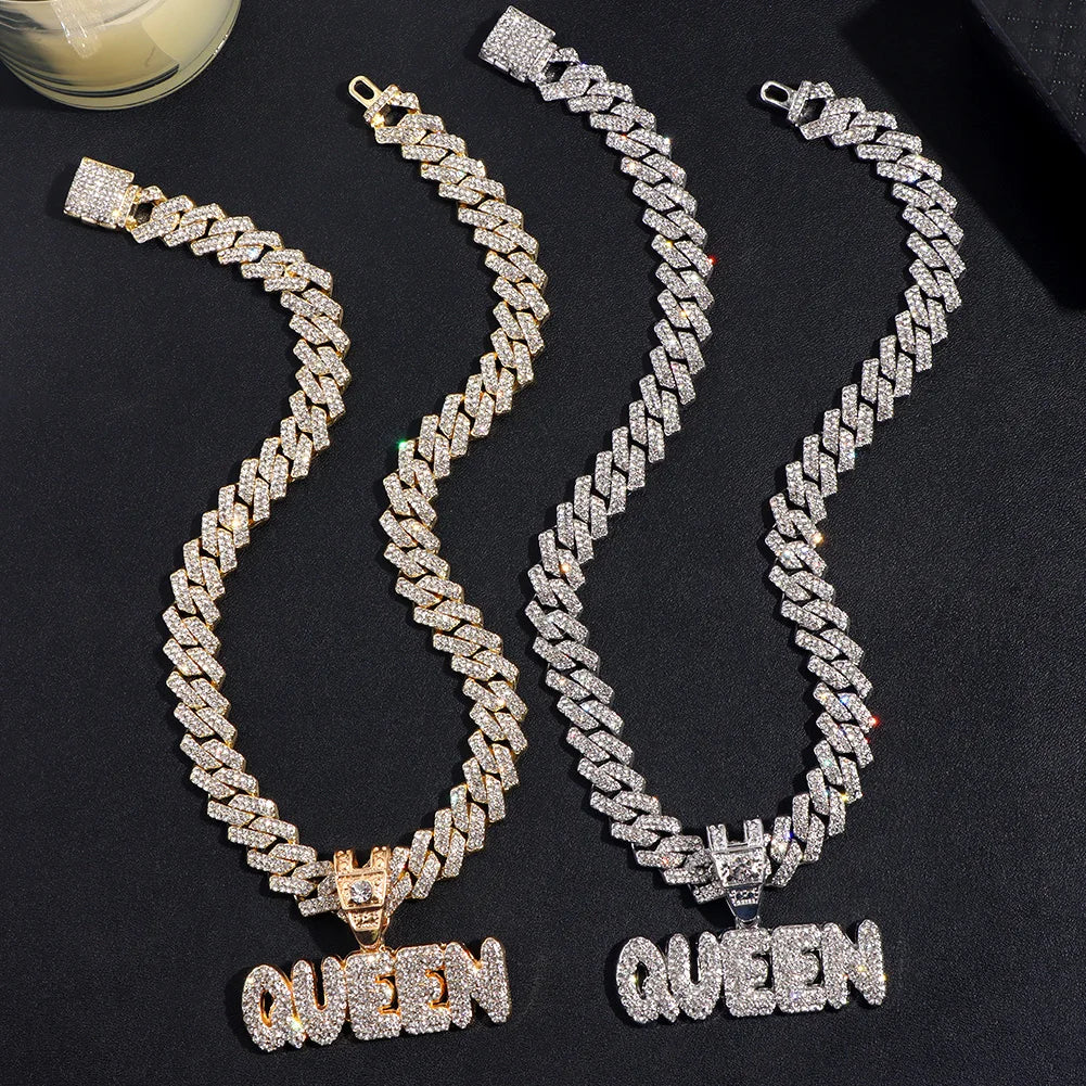 Iced Out Full Rhinestones KING QUEEN Letter Pendant Necklace 14mm Miami Rhombus Cuban Chain Hip Hop Necklaces Jewelry