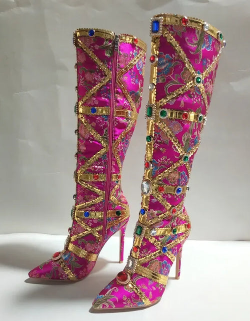 Load image into Gallery viewer, Vibrant Elegance: Colorful Rhinestone Embroidered Mid-Length Ethnic Boots
