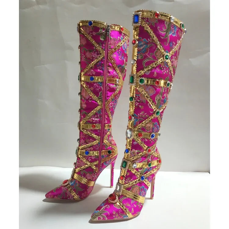 Vibrant Elegance: Colorful Rhinestone Embroidered Mid-Length Ethnic Boots