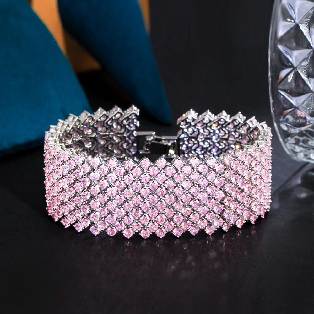 Shining Pink Cubic Zirconia Silver Color Large Wide Link Chain Bracelet – Luxury Bridal & Party Jewelry