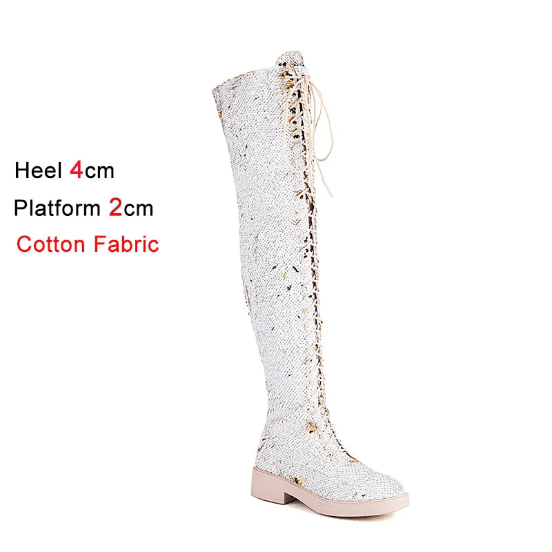 Dazzling Heights: Shiny Sequined Over-the-Knee Boots with Thick Heels