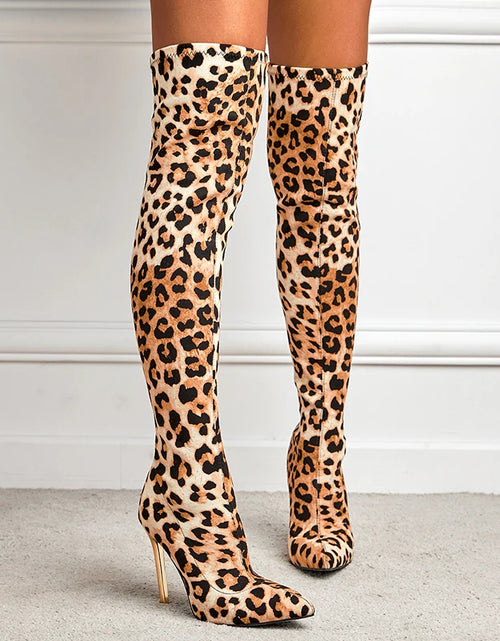 Load image into Gallery viewer, Chic &amp; Bold: Women&#39;s Leopard Print Long Boots with Slim Heels - Sexy, Stylish &amp; Plus-Size Friendly!
