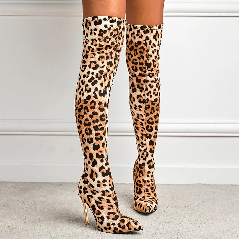 Chic & Bold: Women's Leopard Print Long Boots with Slim Heels - Sexy, Stylish & Plus-Size Friendly!